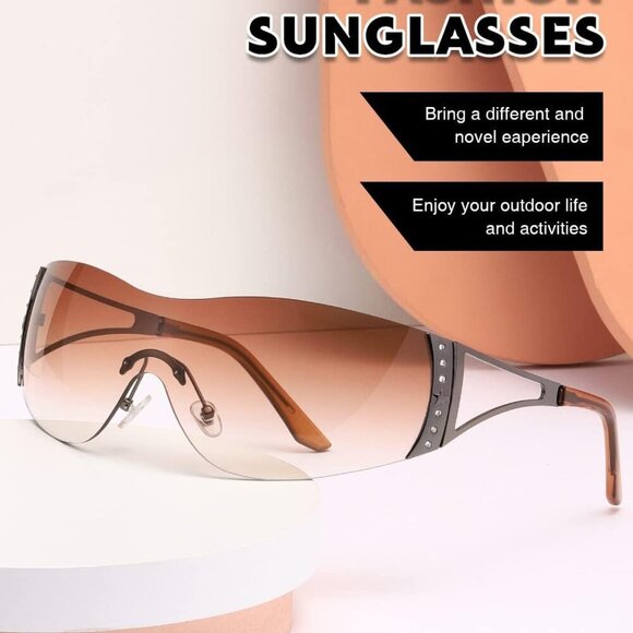 Y2K Sunglasses For Women Men Fashion Shield Rimless Wrap Around Sunglass Gradien - Picture 5 of 7